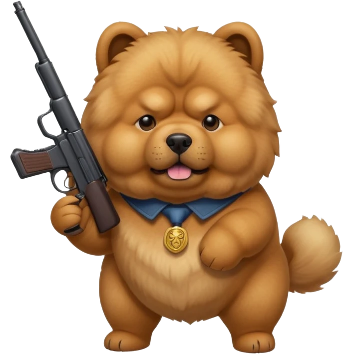 Funny realistic-style chow chow dog with light fur standing on its hind legs and holding a gun menacingly emoji