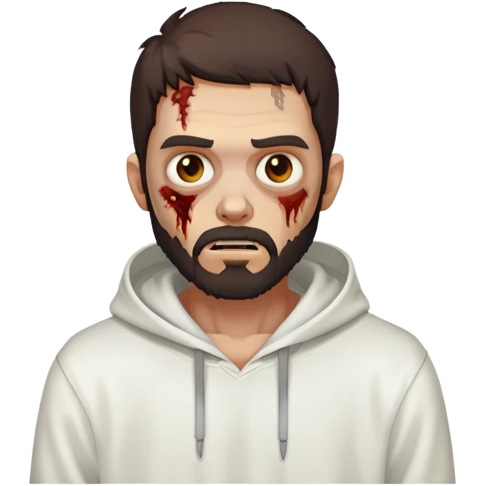 thinking zombie wearing plain white hoodie with no designs, dark brown hair and short full beard emoji