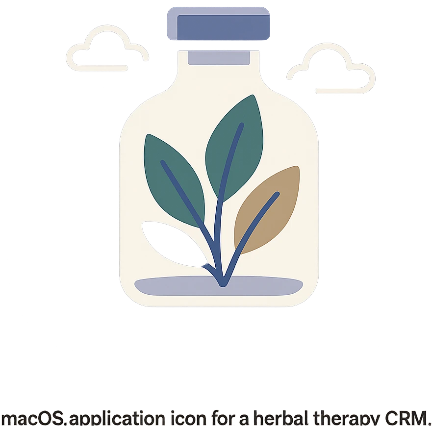 macOS application icon for a herbal therapy CRM, featuring a glass bottle with herbal leaves inside, soft shadows, green and earth tones, modern, minimal, no text emoji