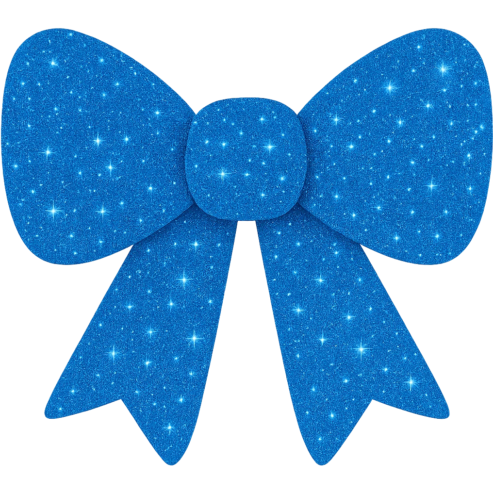 Make the decorative bow blue and covered in glitter, shiny and vibrant, no background. The style should highlight the shiny and vibrant glitter texture with a bright blue color, keeping the bow decorative and eye-catching. emoji