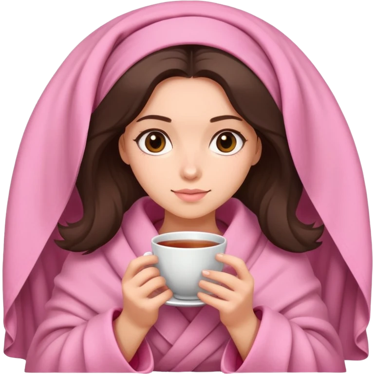 brunette girl hair wrapped in pink blanket holding tea with both hands emoji