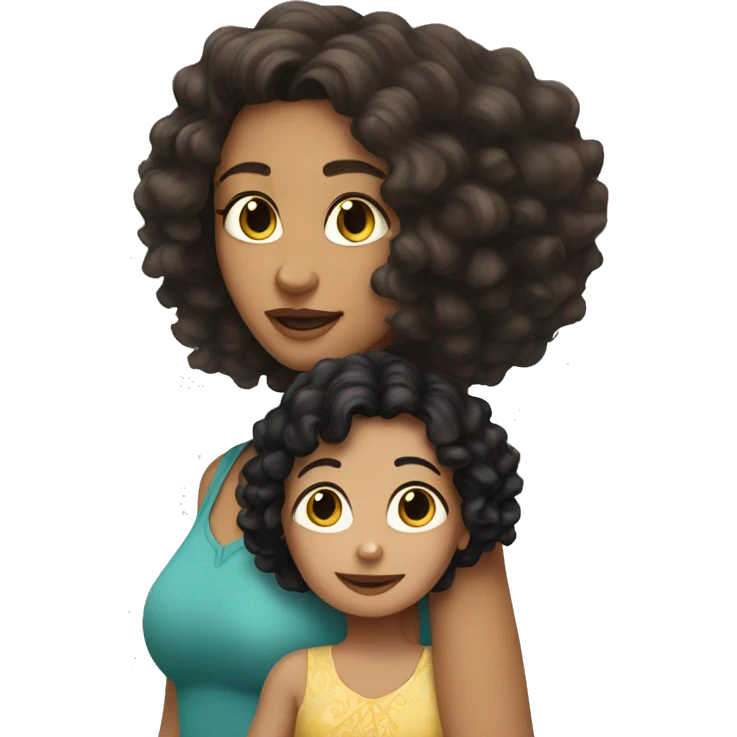 Caucasian woman with straight Brunette hair holding a caucasian girl toddler with curly black hair emoji
