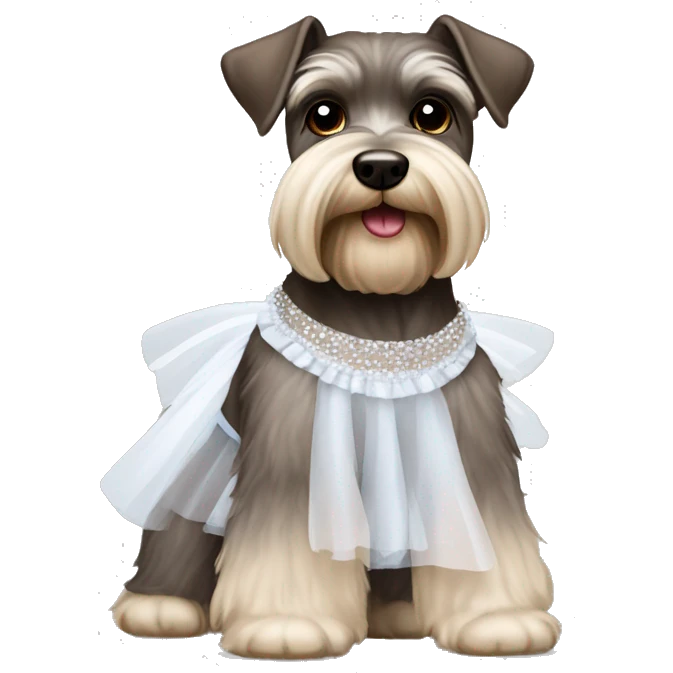 Brown and white schnauzer wearing a tutu emoji