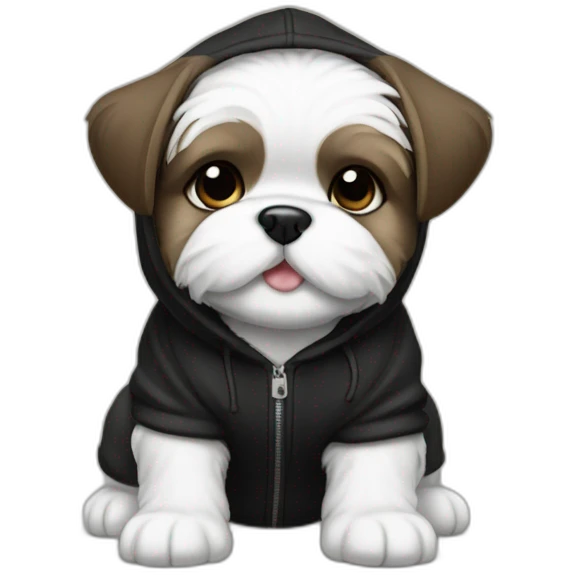 Happy back and white Shitz tzu puppy wearing a black hoodie emoji