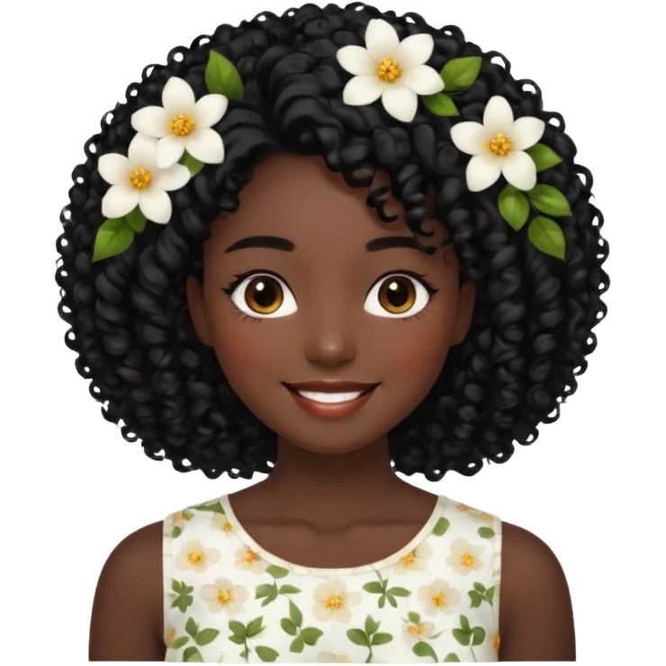 a young woman.She has voluminous, curly black hair that frames her face beautifully. Her skin tone is black light and glowing, and she has a subtle, natural makeup look. She’s smiling softly at the camera. She is wearing a white floral top emoji
