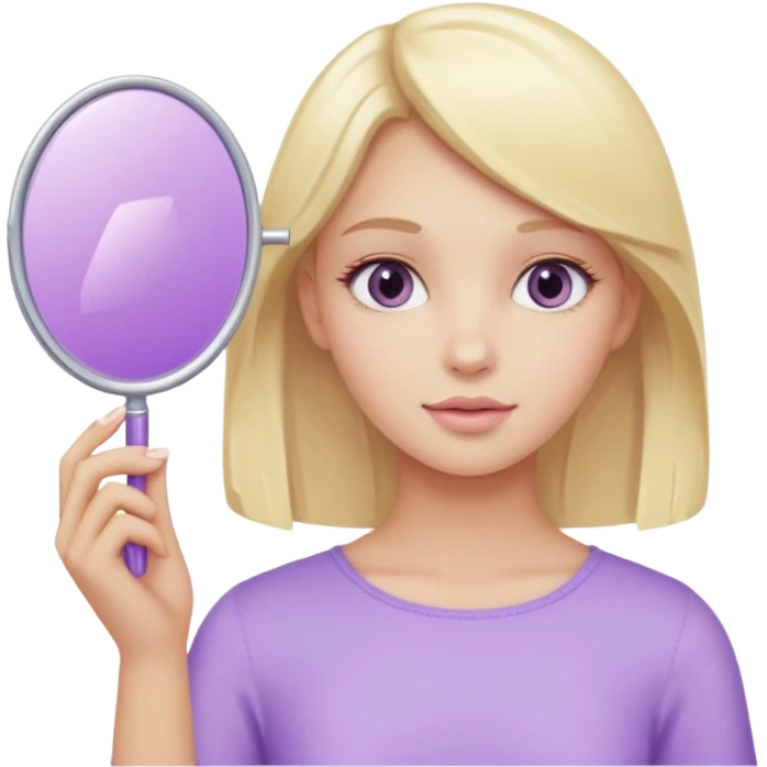 девушка блондинка держит в руке пастельно фиолетовое зеркальце emoji