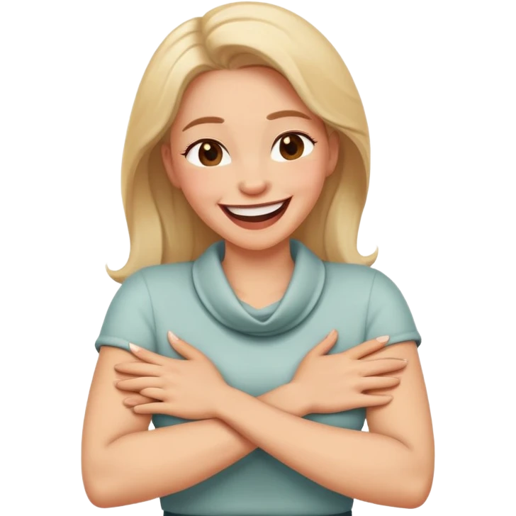 Woman with arms crossed around neck laughing  emoji