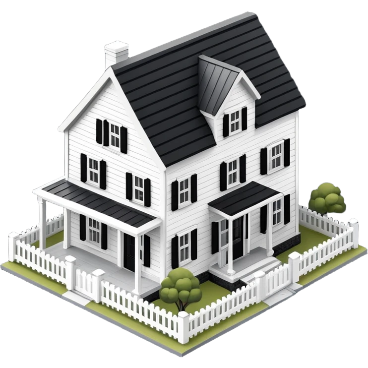 Black and white farmhouse exterior, isometric dollhouse-style, highly detailed  emoji