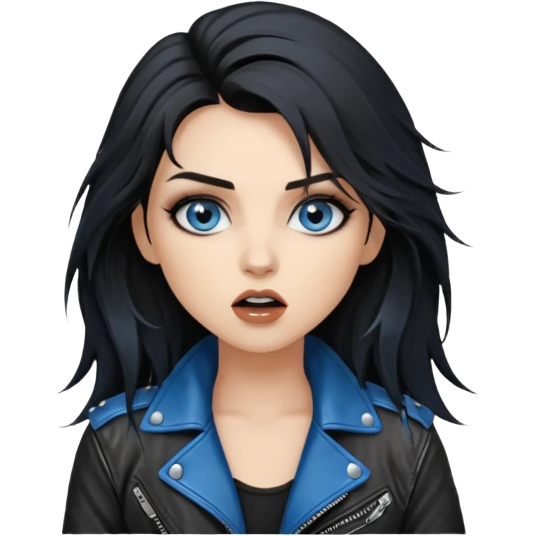 
 rockstar girl with long black disheveled hair, blue eyes, Smokey eyes grunge makeup, singing  emoji