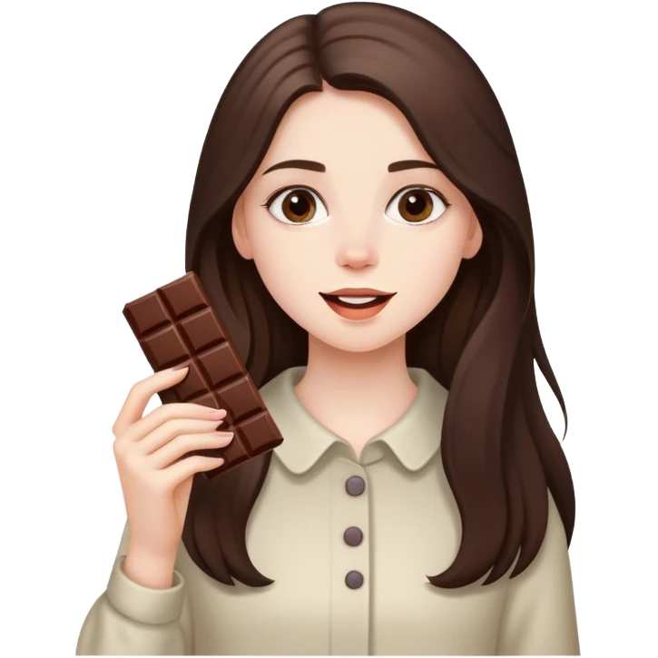 beautiful pale brunette girl with long hair eating a bar of chocolate  emoji
