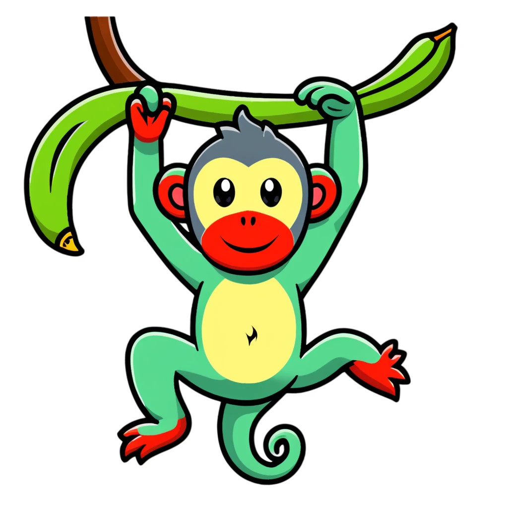 A surreal hybrid creature that is half monkey (top) and half banana (bottom). Green monkey with red facial features on top, and an opened banana peel forming the lower body. In a lush jungle environment with hanging vines and tropical foliage emoji