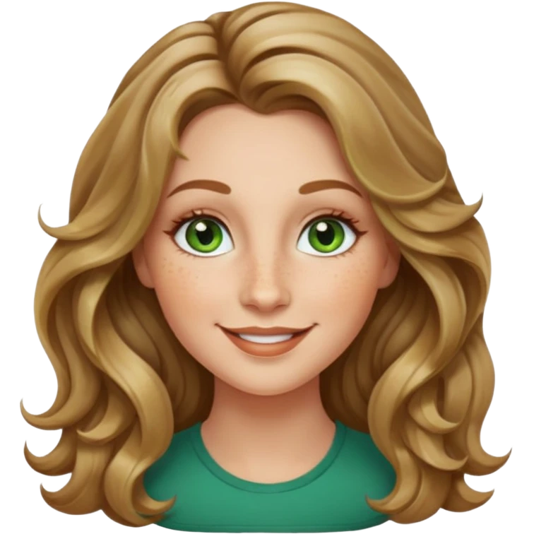 creative women with long dark Blond with highlights wavy hair white women, oval shape face green hazel eyes long lashes freckles on the nose high cheek bones emoji