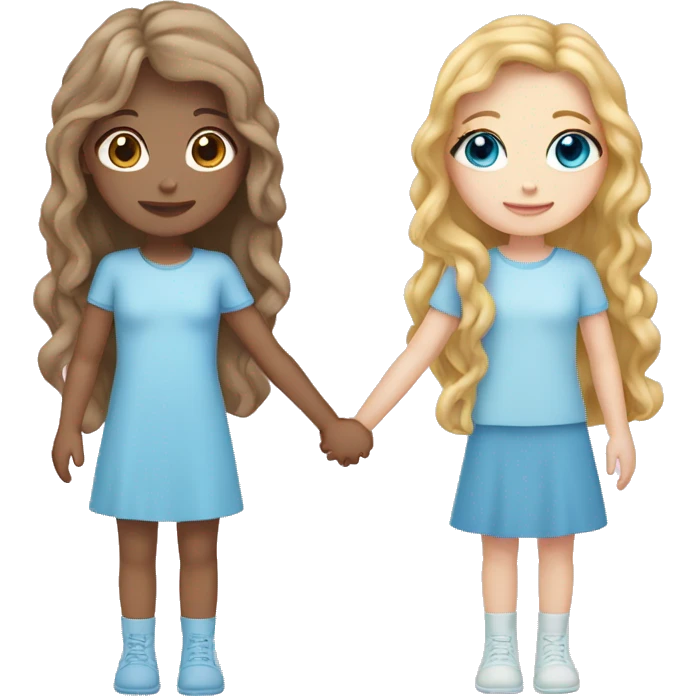 two girls holding hands. one girl has brown curly long hair and she is wearing pastel blue. the second girl has long straight blonde hair and is wearing pastel pink. they both have blue eyes and pale skin emoji