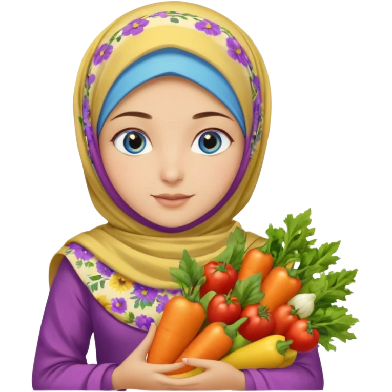 Turkish beautiful finish Konya girl blue eyes with floral yellow and lila hijabi dress and she had on her hand vegetables  emoji