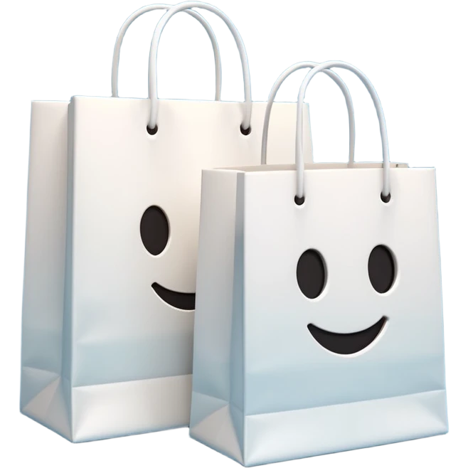 A 3D emoji of two white paper shopping bags, one large and one small, standing next to each other. Soft studio lighting, smooth 3D rendering, claymorphism style, minimalist design, cute, high resolution, isolated on a white background. emoji
