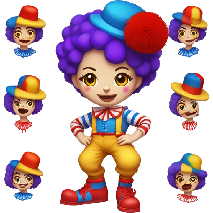 JoJo Tickle (Jojo's circus) female clown white skin, clown red nose, red hair, short hair, blue barret with covered red pompom, yellow shirt with covered paint splatters purple and blue pattern, red pants with orange stripes and white red big shoes emoji