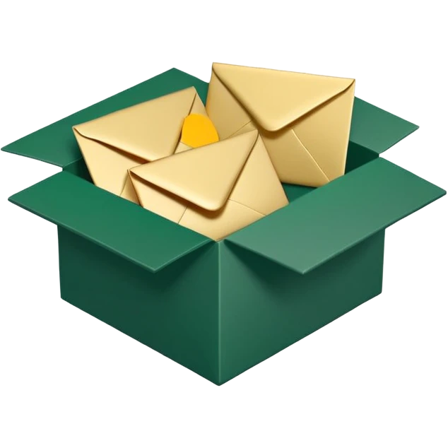 3D minimal open box with multiple envelopes floating out of it, matte finish, deep green (#0B3D2C) box, cream white (#F5F5DC) envelopes, subtle gold (#C9B037) accents, Apple style, ultra sleek, soft shadow, transparent background emoji