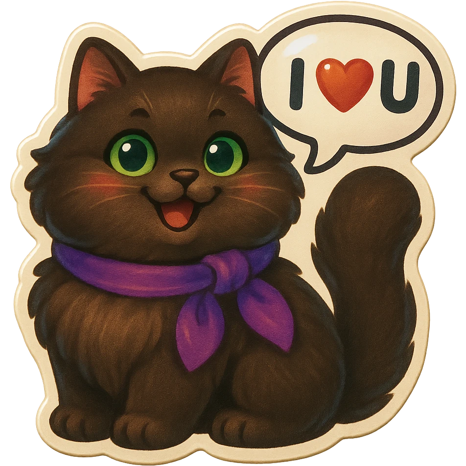 Fluffy happy smiling cute dark-brown cat with green eyes and a purple scarf saying ‘I ♡ U’ (with a speech bubble) emoji