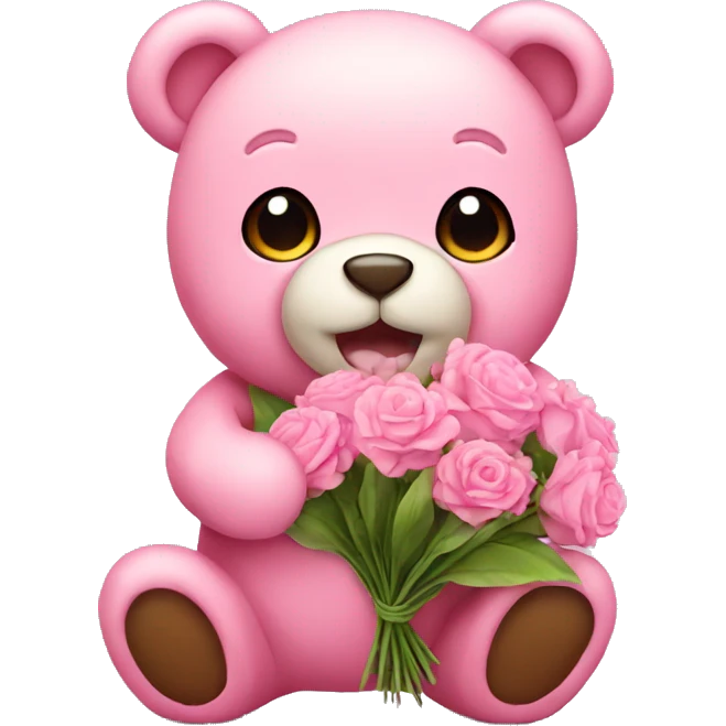 Pink cute teddy holding flowers emoji
