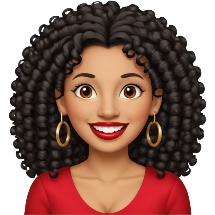 40 yr old peruvian woman, very curly long black hair, red lipstick, big smile, white teeth, brown eyes, hoop earings, side part to hair, round face emoji