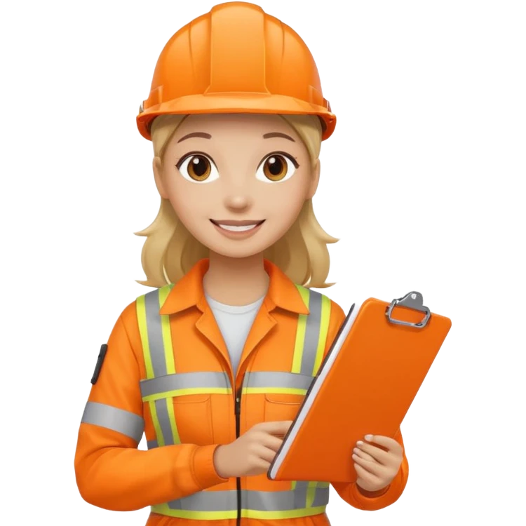 woman in orange hi vis overalls smiling holding a clipboard emoji