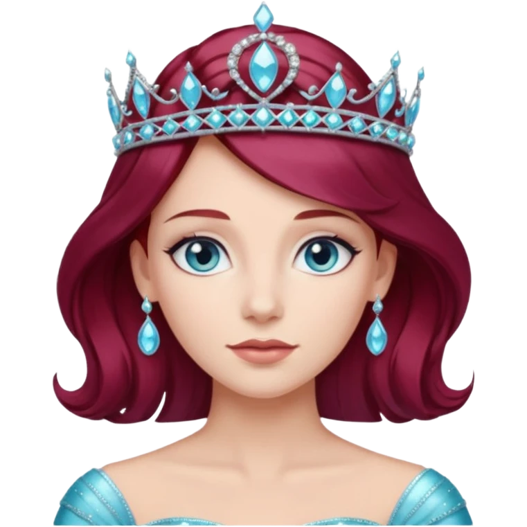 Burgundy hair princess with blue eyes wearing a sparkly black and aquamarine tiara  emoji