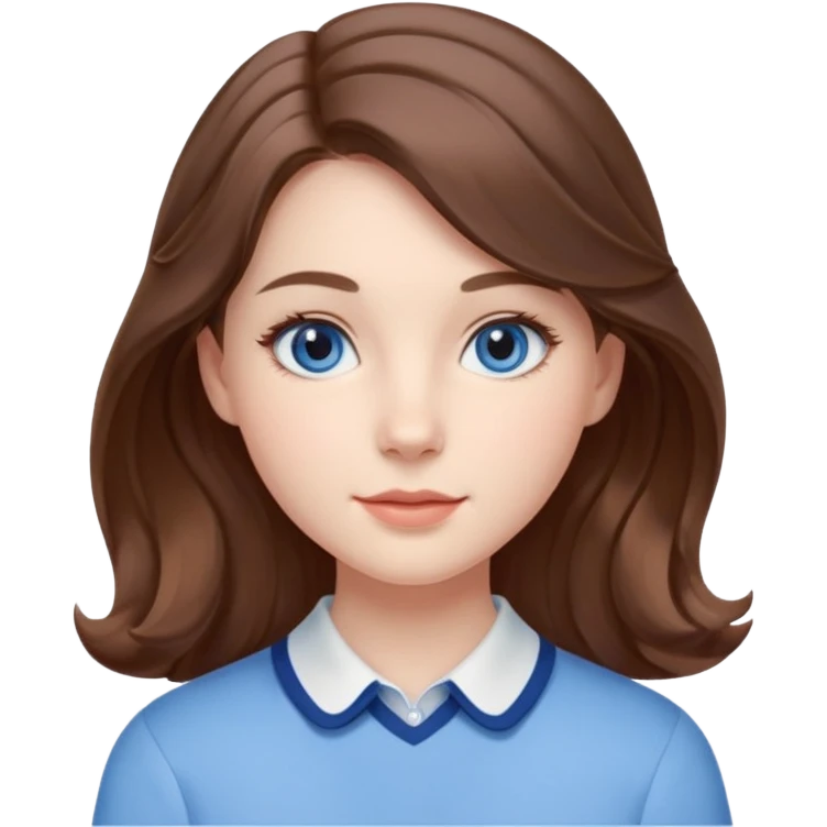 Realistic Student Portrait, with porcelain-like skin featuring a natural rosy flush, illuminated by soft lighting that highlights the gentle contours of her face. Her Brunette hair flows in soft, Her deep blue eyes radiate warmth and innocence,  wear light blue preppy style. emoji