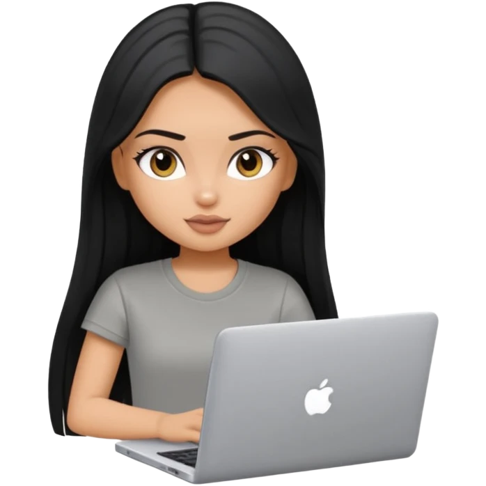 a pretty tan bratz girl with black long straight hair, wearing a grey tshirt using her laptop  emoji