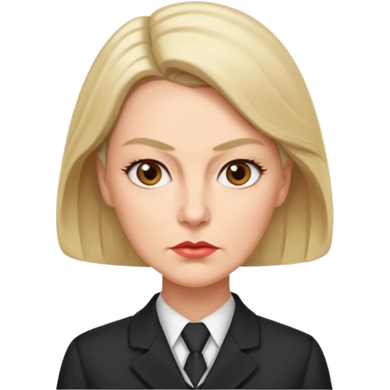 Profesora adulta  dominante, con expresión severa y mirada intimidante. Cabello suelto, liso y peinado con raya de lado al estilo clásico de señora. Rostro duro, cejas fruncidas y labios apretados, uniforme maestra emoji