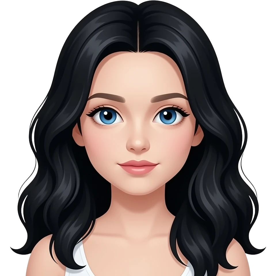 Fille avec longs cheveux noirs ondulés et yeux bleux, peau très très trèspâle emoji