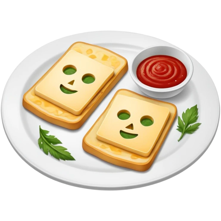Plato con dos trozos de queso tostados a la plancha con salsa roja uno y salsa verde el otro por encima del queso  emoji