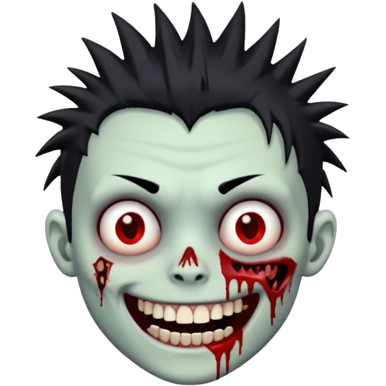 zombie boy with emo spiky hair, white skin, and white eyes; an open smile, and bloodied teeth; emoji