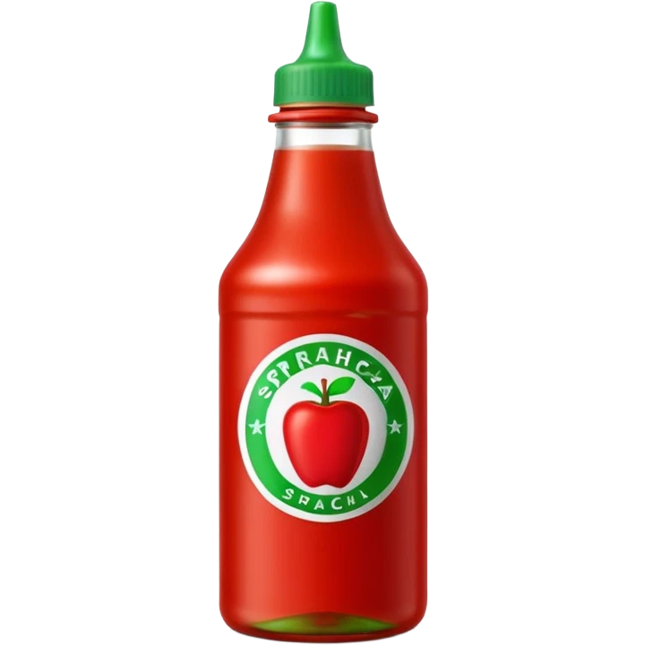sriracha bottle, upright, bright red, green nozzle cap, translucent, thick glossy red sauce, simple, no label or branding, no dish or extras, apple emoji style, soft lighting, emoji scale emoji