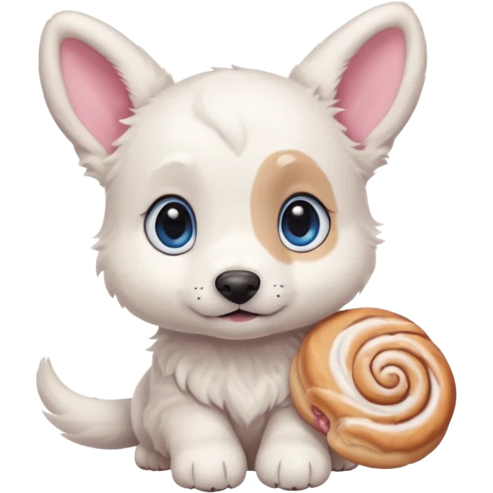 a shy but friendly white puppy with long ears that let him fly, blue eyes, pink cheeks, and a tail shaped like a cinnamon roll emoji