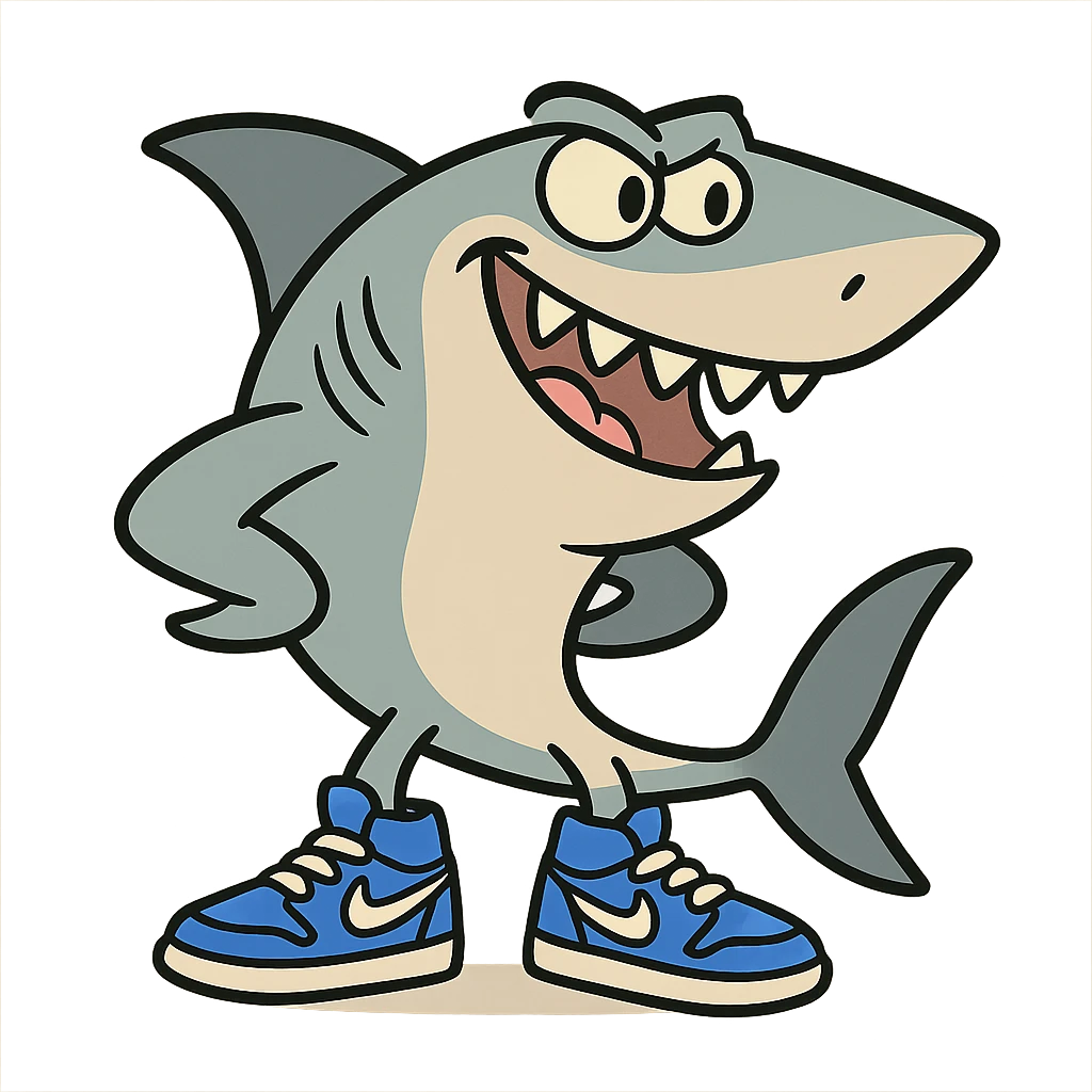 a stylized shark with blue Nike shoes, energetic and modern, bold lines emoji