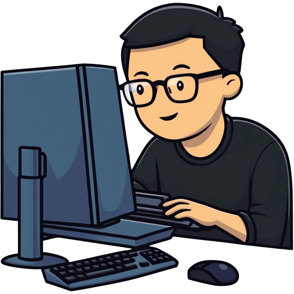 Young man with glasses using an outdated desktop computer with bulky monitor emoji