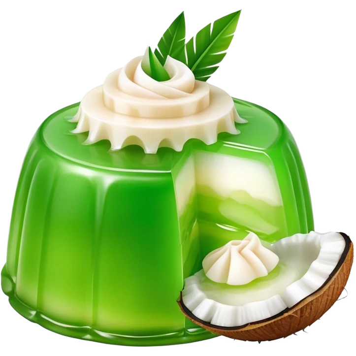 Cinematic Realistic Coconut Pandan Jelly Dessert Emoji, showcasing a delicate, translucent jelly infused with coconut and pandan rendered with lifelike detail and soft, tropical lighting. emoji