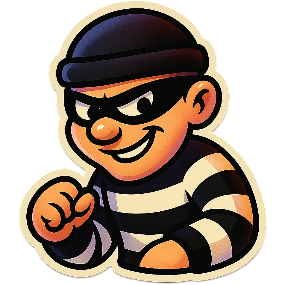 thief emoji wearing a black and white suit, sneaky expression, classic cartoon style emoji