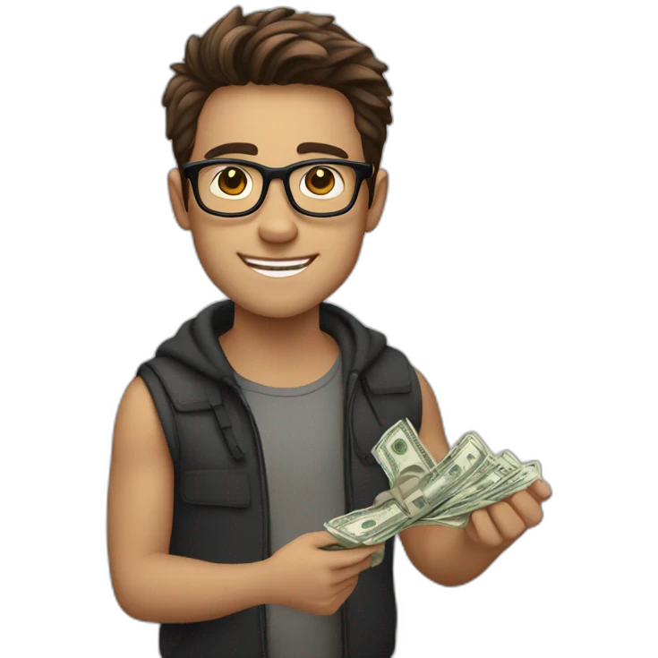 young guy with black glasses, brown hair and money in hand emoji
