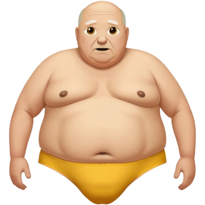 Short bald Old man thick hairy chest completely fat man with saggy boobs no shirt big belly tidy white stretched out elastic  and holes ina yellow in front of his underwear falling down off his hips showing his butt crack no pants   emoji