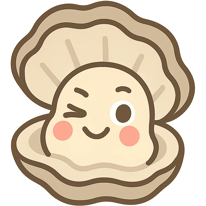 cute oyster with winking expression and rosy cheeks, pastel toon style, cream and greige colors emoji