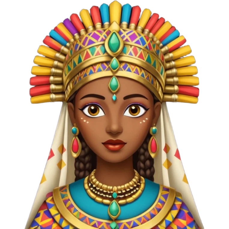 Create me an emoji of a beautiful Ethiopian Queen of Sheba wearing a colorful African patterns. emoji