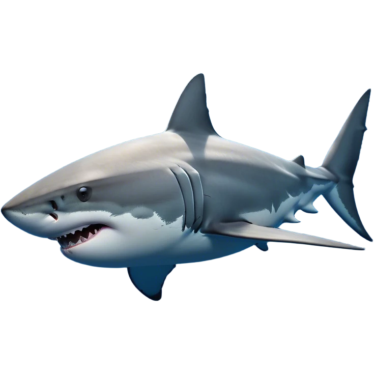 Cinematic Noble Great White Shark Portrait Emoji, Poised and regal, with a robust, torpedo-shaped body, a pointed snout, a gleaming white underbelly contrasting with a slate gray dorsal surface, and piercing, intense eyes scanning deep blue waters, Simplified yet sharp and sophisticated features, highly detailed, glowing with a cool, oceanic luminescence, high shine, intelligent and commanding, stylized with an air of marine authority, focused and vigilant, soft glowing outline, capturing the essence of a watchful and confident predator that appears ready to surge out of the screen with effortless power! emoji