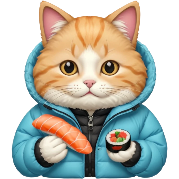 cat wearing a puffy jacket and eating sushi emoji