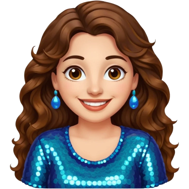30 yr old italian woman, long brown wavy hair, big brown eyes, huge smile, sequin shirt, no bangs, a bit chubby emoji