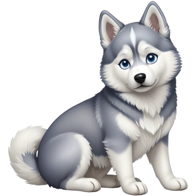 cinematic-[siberian husky]-realistic-full-body-sitting-emoji,-tail-resting-loosely-beside-its-paws,blue eyes-head-tilted-dramatically, -fluffy-[grey and white]-fur,-simplified-yet-realistic-focused-features,-highly-detailed,-glowing-with-an-almost-sarcastic-glow emoji