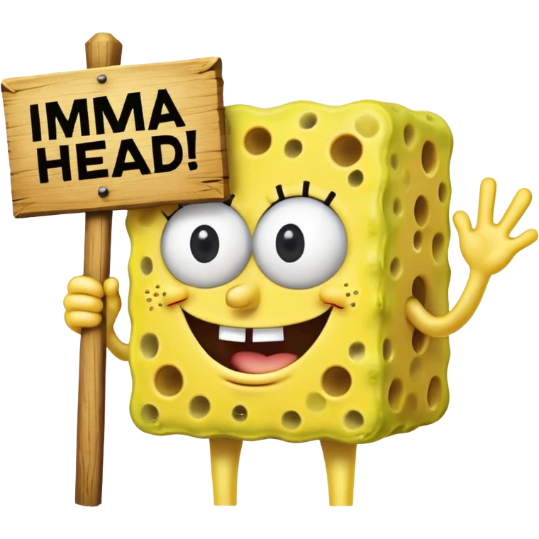 Make SpongeBob hold a wooden sign that says imma head out" in bold black letters. emoji