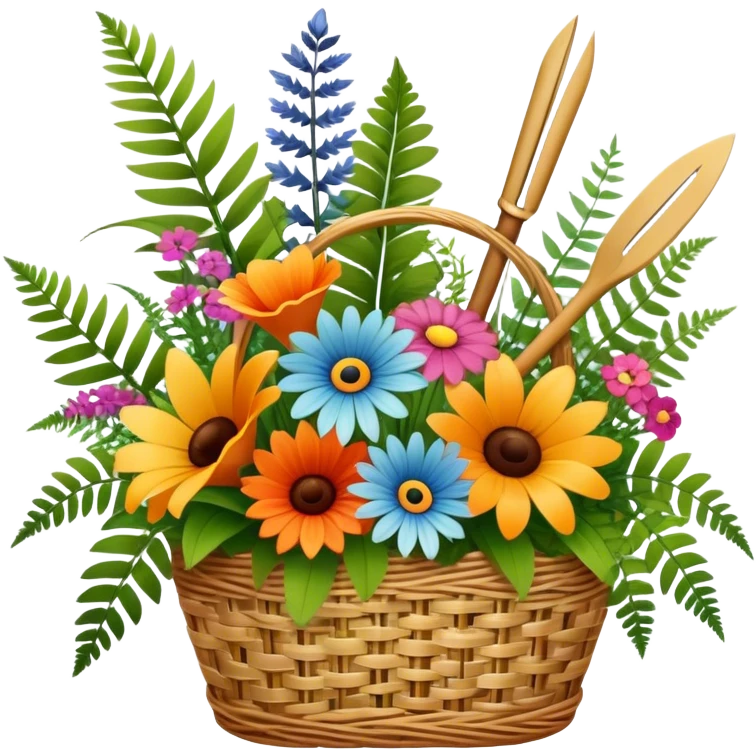 Emoji for Floristry: a bouquet of flowers in a woven basket, with reeds, ferns and floral arranging tools nearby, like scissors and a flower stem. The icon should represent creativity in flower design and arranging. Transparent background. emoji