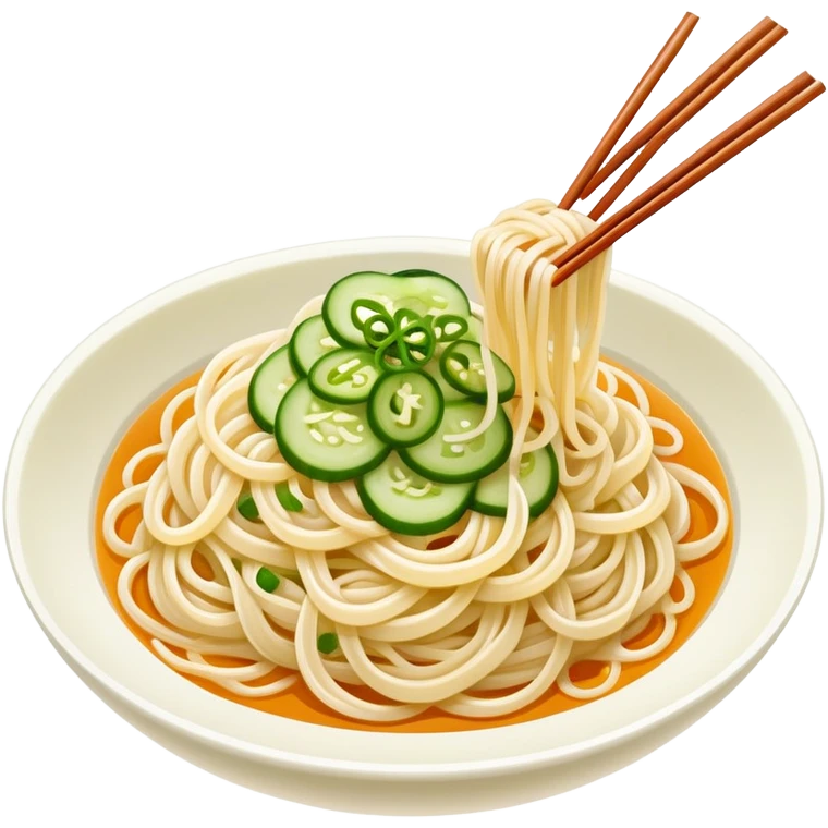 Liangpi Cold Skin Noodles with julienned cucumber and sesame sauce, simplified emoji style with bold outlines and bright colors, cartoon style Shaanxi cold appetizer emoji