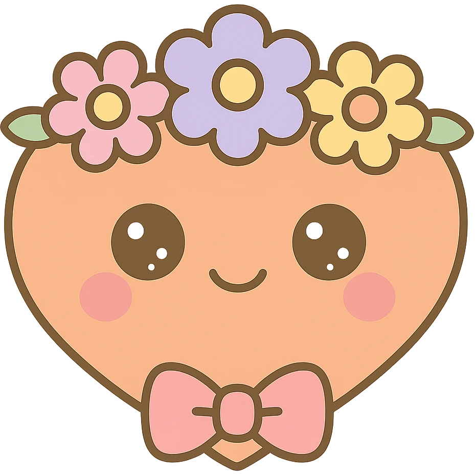 Add a crown of colorful flowers to the orange heart, keeping the cute kawaii style with a smiling face and bow, with no background. emoji